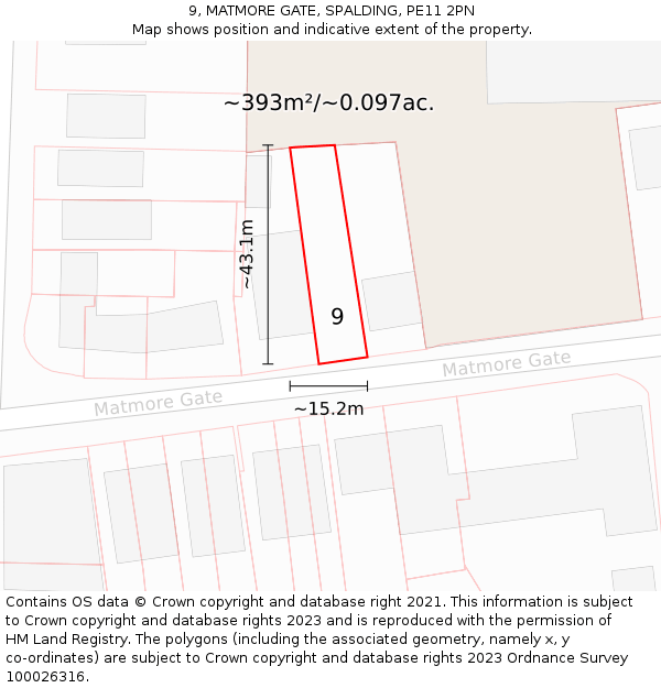 9, MATMORE GATE, SPALDING, PE11 2PN: Plot and title map