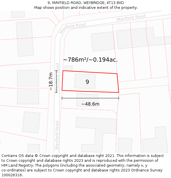 9, MAYFIELD ROAD, WEYBRIDGE, KT13 8XD: Plot and title map