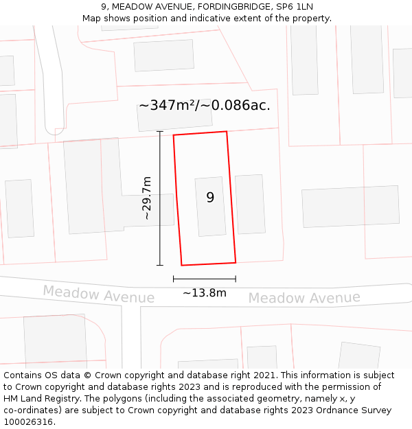 9, MEADOW AVENUE, FORDINGBRIDGE, SP6 1LN: Plot and title map