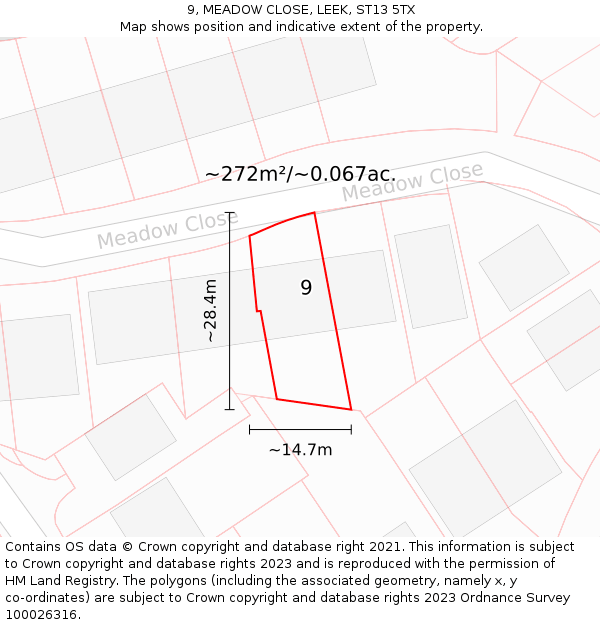 9, MEADOW CLOSE, LEEK, ST13 5TX: Plot and title map