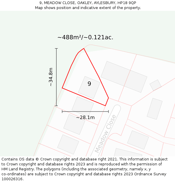 9, MEADOW CLOSE, OAKLEY, AYLESBURY, HP18 9QP: Plot and title map