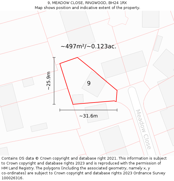 9, MEADOW CLOSE, RINGWOOD, BH24 1RX: Plot and title map