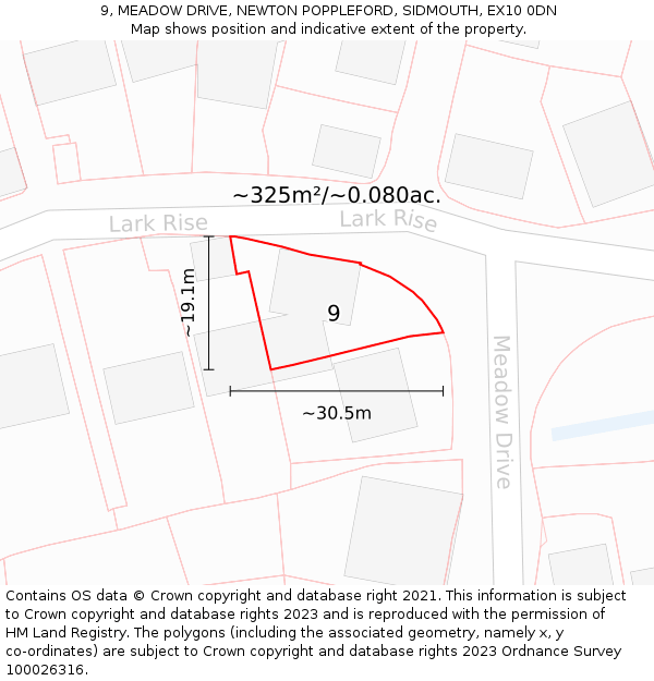 9, MEADOW DRIVE, NEWTON POPPLEFORD, SIDMOUTH, EX10 0DN: Plot and title map