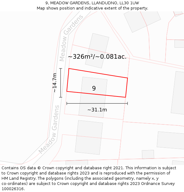 9, MEADOW GARDENS, LLANDUDNO, LL30 1UW: Plot and title map