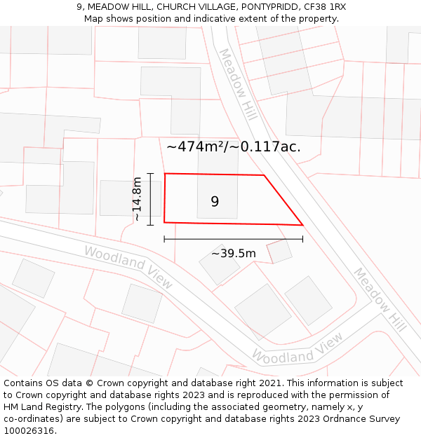 9, MEADOW HILL, CHURCH VILLAGE, PONTYPRIDD, CF38 1RX: Plot and title map