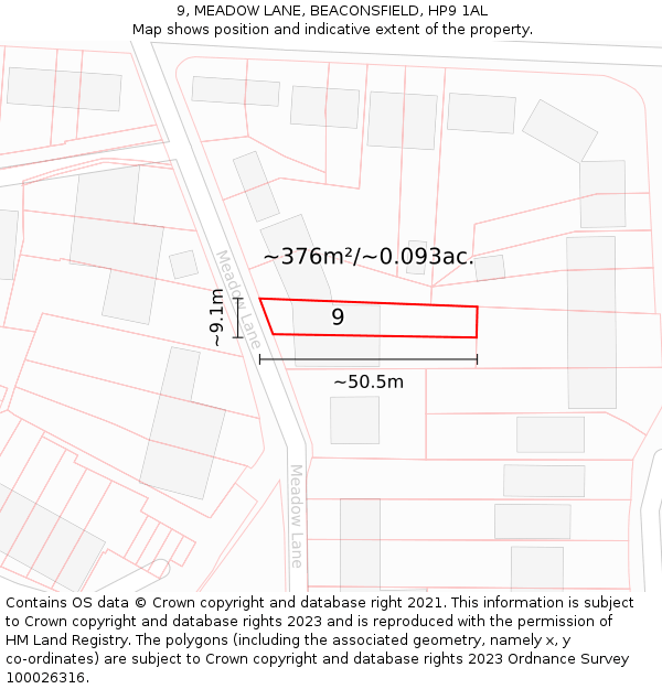 9, MEADOW LANE, BEACONSFIELD, HP9 1AL: Plot and title map