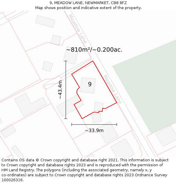 9, MEADOW LANE, NEWMARKET, CB8 8FZ: Plot and title map