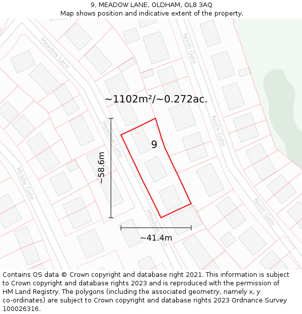 9, MEADOW LANE, OLDHAM, OL8 3AQ: Plot and title map