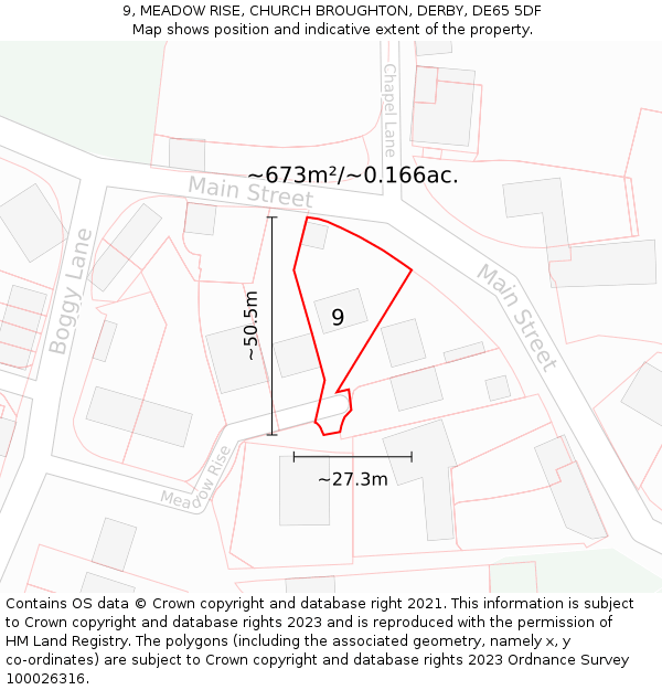 9, MEADOW RISE, CHURCH BROUGHTON, DERBY, DE65 5DF: Plot and title map