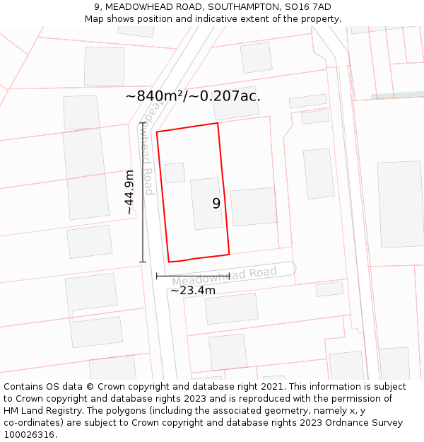 9, MEADOWHEAD ROAD, SOUTHAMPTON, SO16 7AD: Plot and title map