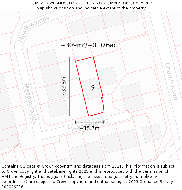 9, MEADOWLANDS, BROUGHTON MOOR, MARYPORT, CA15 7EB: Plot and title map