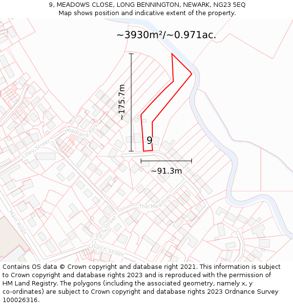 9, MEADOWS CLOSE, LONG BENNINGTON, NEWARK, NG23 5EQ: Plot and title map