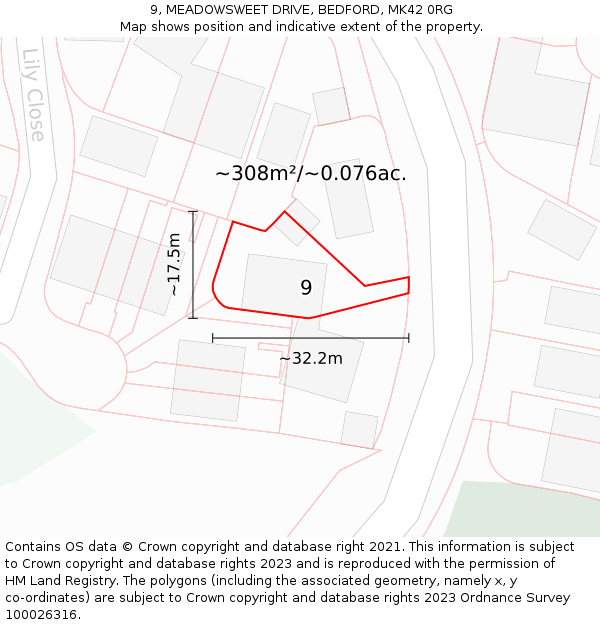 9, MEADOWSWEET DRIVE, BEDFORD, MK42 0RG: Plot and title map