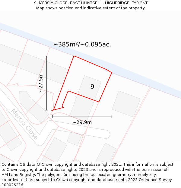 9, MERCIA CLOSE, EAST HUNTSPILL, HIGHBRIDGE, TA9 3NT: Plot and title map