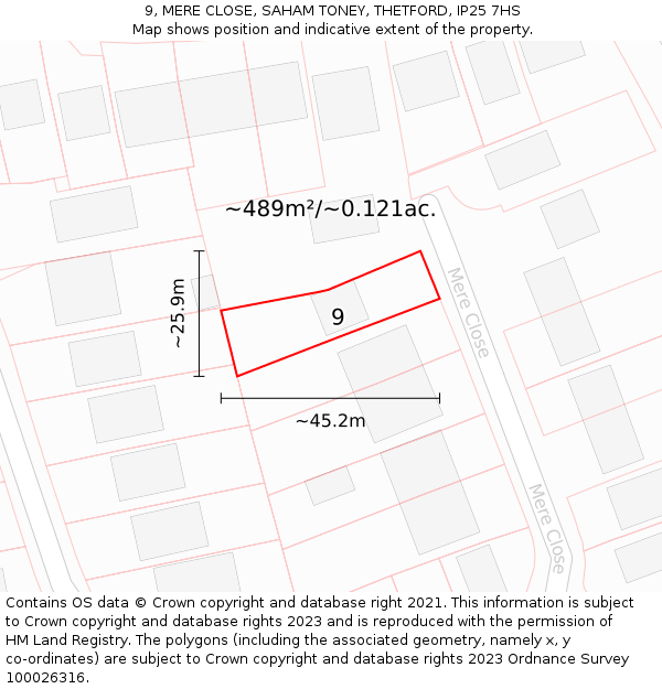 9, MERE CLOSE, SAHAM TONEY, THETFORD, IP25 7HS: Plot and title map