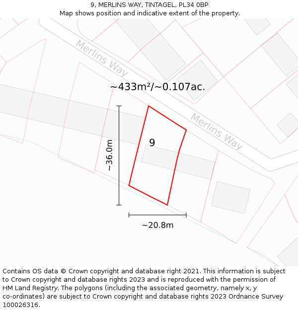 9, MERLINS WAY, TINTAGEL, PL34 0BP: Plot and title map