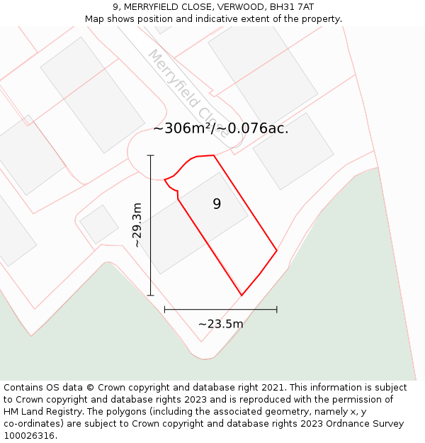 9, MERRYFIELD CLOSE, VERWOOD, BH31 7AT: Plot and title map