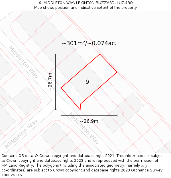 9, MIDDLETON WAY, LEIGHTON BUZZARD, LU7 4BQ: Plot and title map