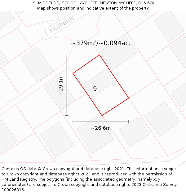 9, MIDFIELDS, SCHOOL AYCLIFFE, NEWTON AYCLIFFE, DL5 6QJ: Plot and title map