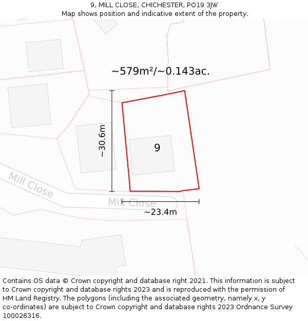 9, MILL CLOSE, CHICHESTER, PO19 3JW: Plot and title map