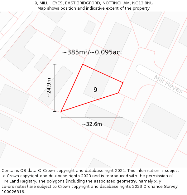 9, MILL HEYES, EAST BRIDGFORD, NOTTINGHAM, NG13 8NU: Plot and title map