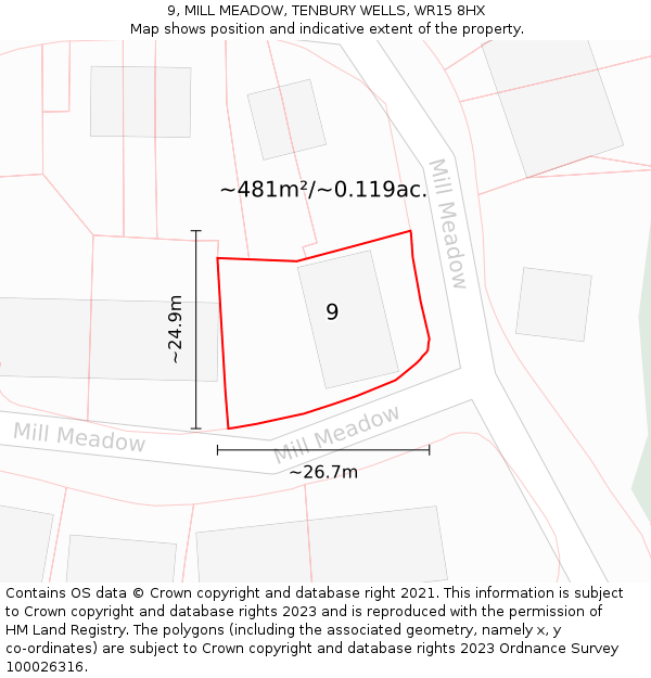 9, MILL MEADOW, TENBURY WELLS, WR15 8HX: Plot and title map