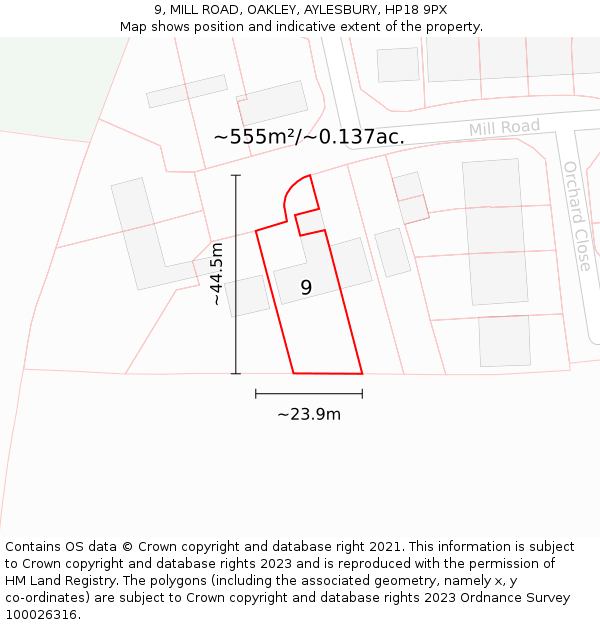 9, MILL ROAD, OAKLEY, AYLESBURY, HP18 9PX: Plot and title map