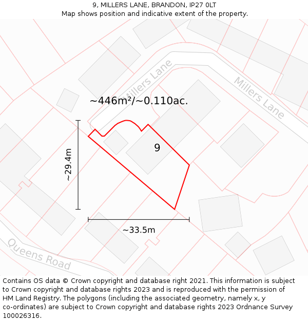 9, MILLERS LANE, BRANDON, IP27 0LT: Plot and title map