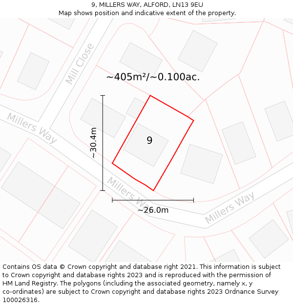 9, MILLERS WAY, ALFORD, LN13 9EU: Plot and title map