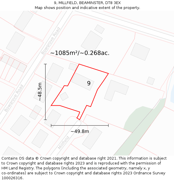 9, MILLFIELD, BEAMINSTER, DT8 3EX: Plot and title map