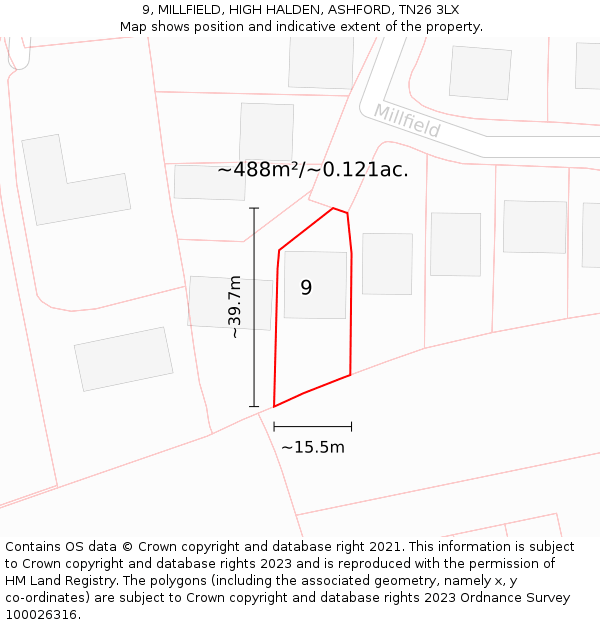 9, MILLFIELD, HIGH HALDEN, ASHFORD, TN26 3LX: Plot and title map