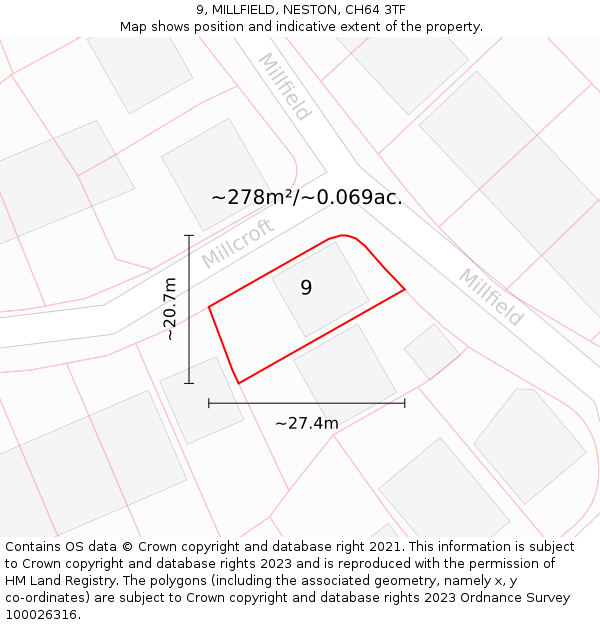 9, MILLFIELD, NESTON, CH64 3TF: Plot and title map