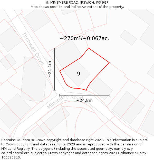 9, MINSMERE ROAD, IPSWICH, IP3 9GF: Plot and title map