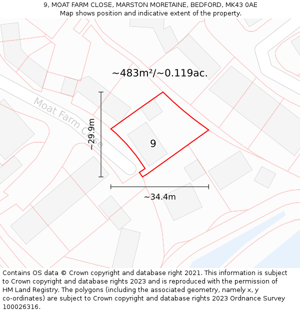 9, MOAT FARM CLOSE, MARSTON MORETAINE, BEDFORD, MK43 0AE: Plot and title map