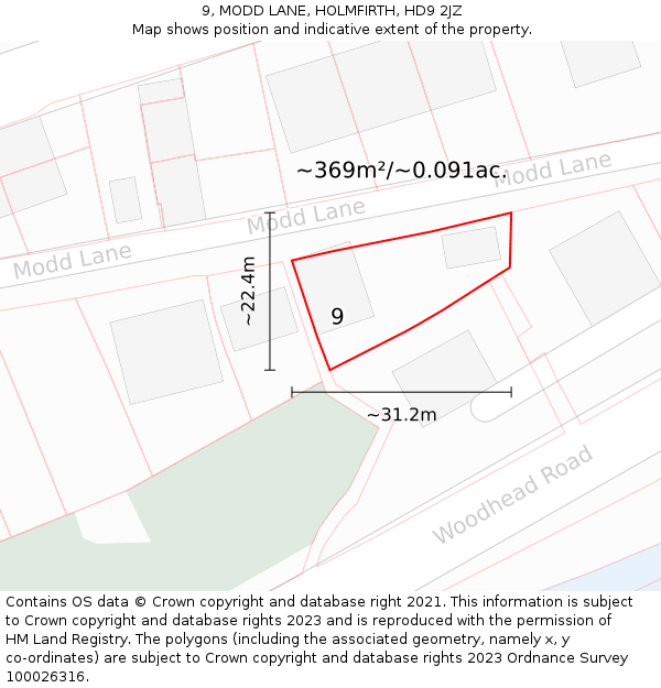 9, MODD LANE, HOLMFIRTH, HD9 2JZ: Plot and title map