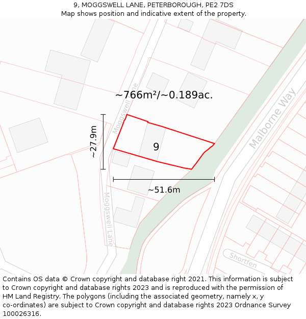 9, MOGGSWELL LANE, PETERBOROUGH, PE2 7DS: Plot and title map