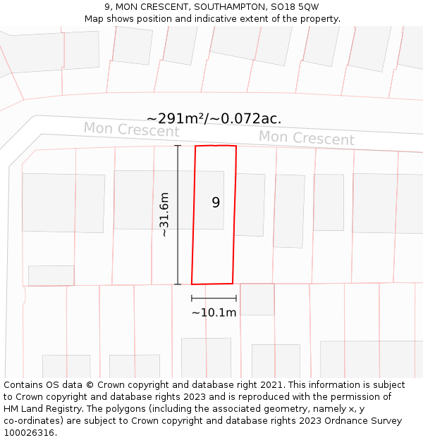 9, MON CRESCENT, SOUTHAMPTON, SO18 5QW: Plot and title map