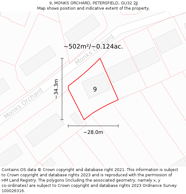 9, MONKS ORCHARD, PETERSFIELD, GU32 2JJ: Plot and title map