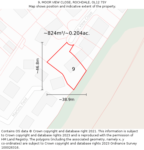 9, MOOR VIEW CLOSE, ROCHDALE, OL12 7SY: Plot and title map