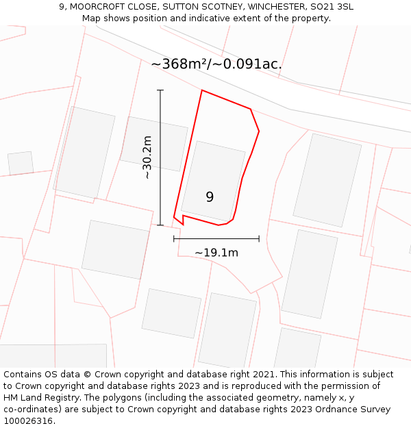 9, MOORCROFT CLOSE, SUTTON SCOTNEY, WINCHESTER, SO21 3SL: Plot and title map