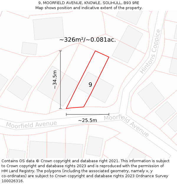 9, MOORFIELD AVENUE, KNOWLE, SOLIHULL, B93 9RE: Plot and title map