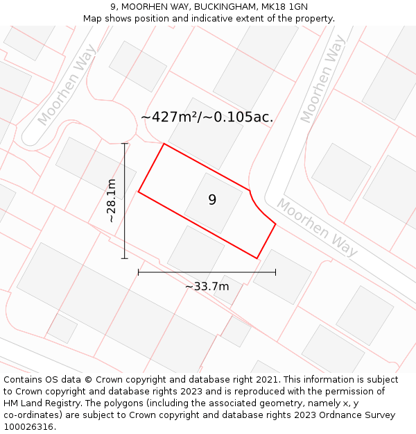 9, MOORHEN WAY, BUCKINGHAM, MK18 1GN: Plot and title map