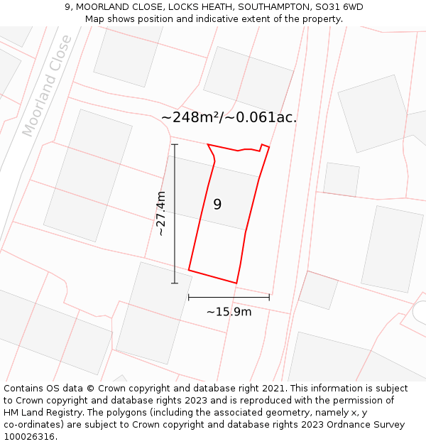 9, MOORLAND CLOSE, LOCKS HEATH, SOUTHAMPTON, SO31 6WD: Plot and title map