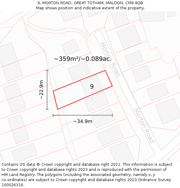 9, MORTON ROAD, GREAT TOTHAM, MALDON, CM9 8QB: Plot and title map