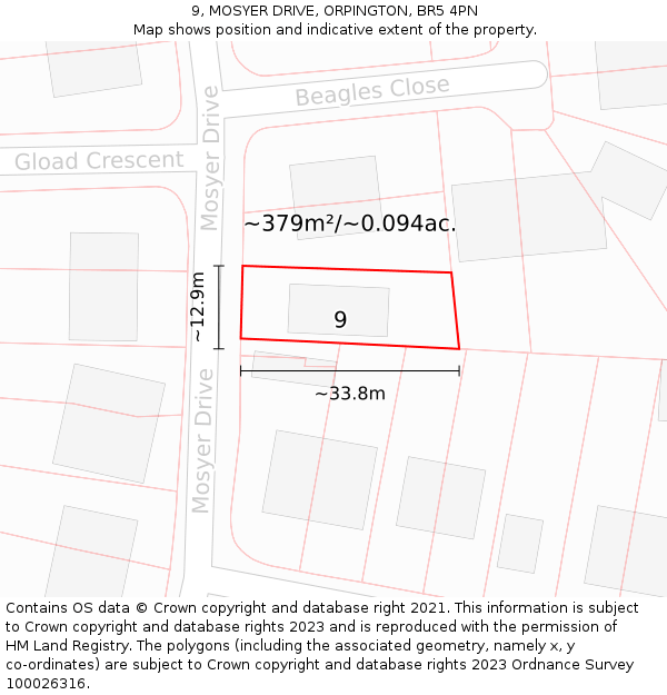 9, MOSYER DRIVE, ORPINGTON, BR5 4PN: Plot and title map