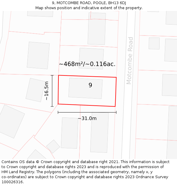 9, MOTCOMBE ROAD, POOLE, BH13 6DJ: Plot and title map