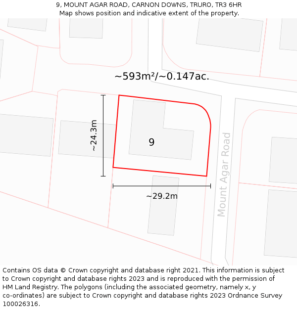 9, MOUNT AGAR ROAD, CARNON DOWNS, TRURO, TR3 6HR: Plot and title map