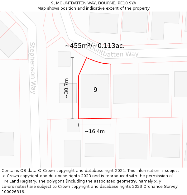 9, MOUNTBATTEN WAY, BOURNE, PE10 9YA: Plot and title map