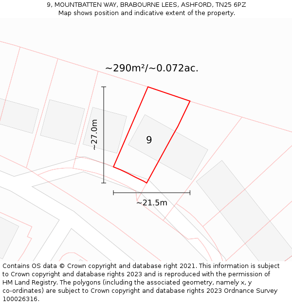 9, MOUNTBATTEN WAY, BRABOURNE LEES, ASHFORD, TN25 6PZ: Plot and title map