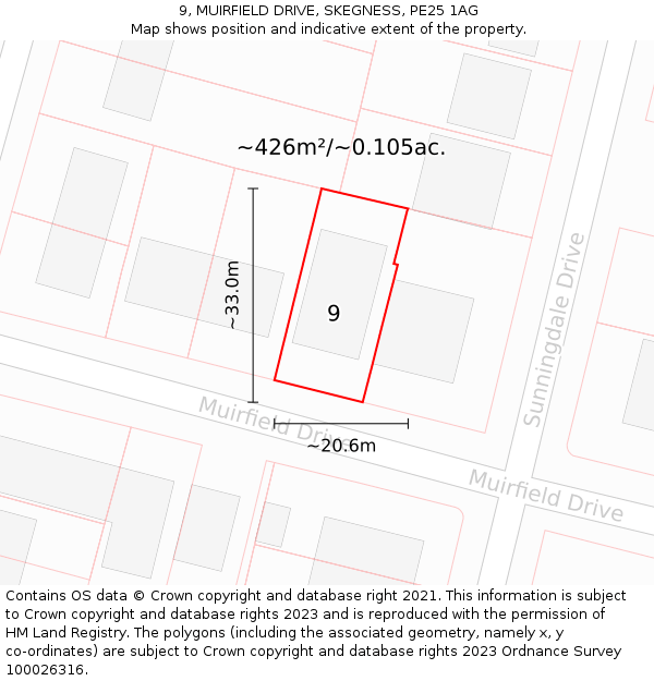 9, MUIRFIELD DRIVE, SKEGNESS, PE25 1AG: Plot and title map